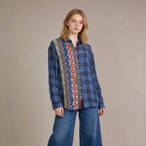 NWOT Johnny Was Plaid Long Sleeves Button Down Shirt Blouse Blue Size S